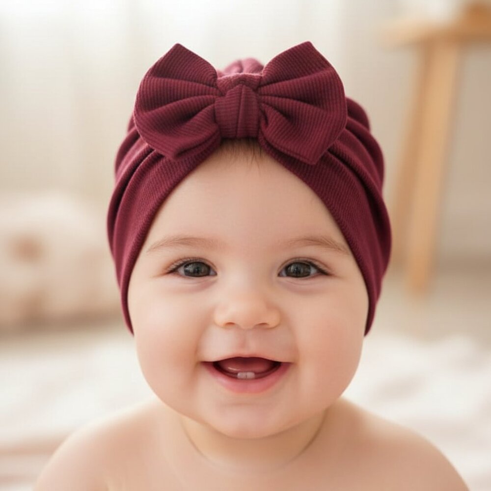Maroon Baby Turban Cap with Big Bow – Soft Cotton Headwrap
